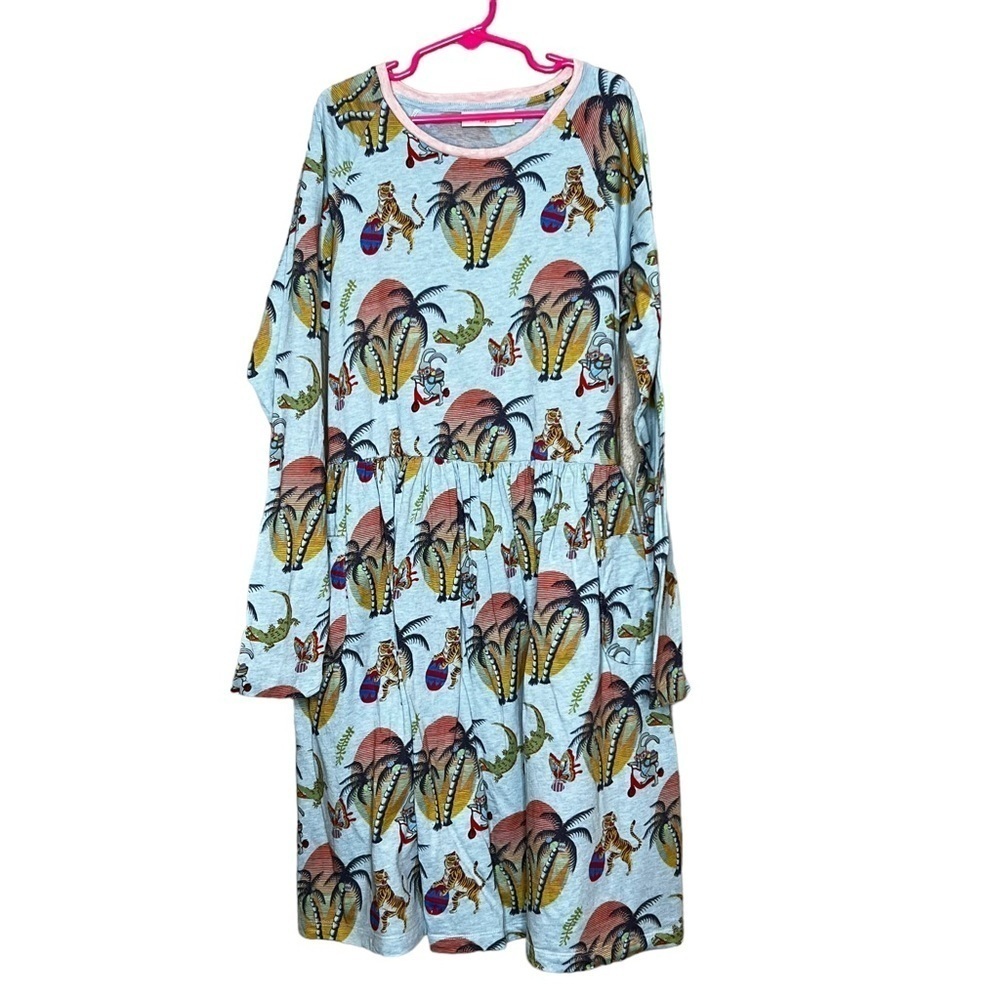 Paper Wings Girls XL Long Sleeve Dress Orgaic Cotton Bunny Tiger Palm Tree Print